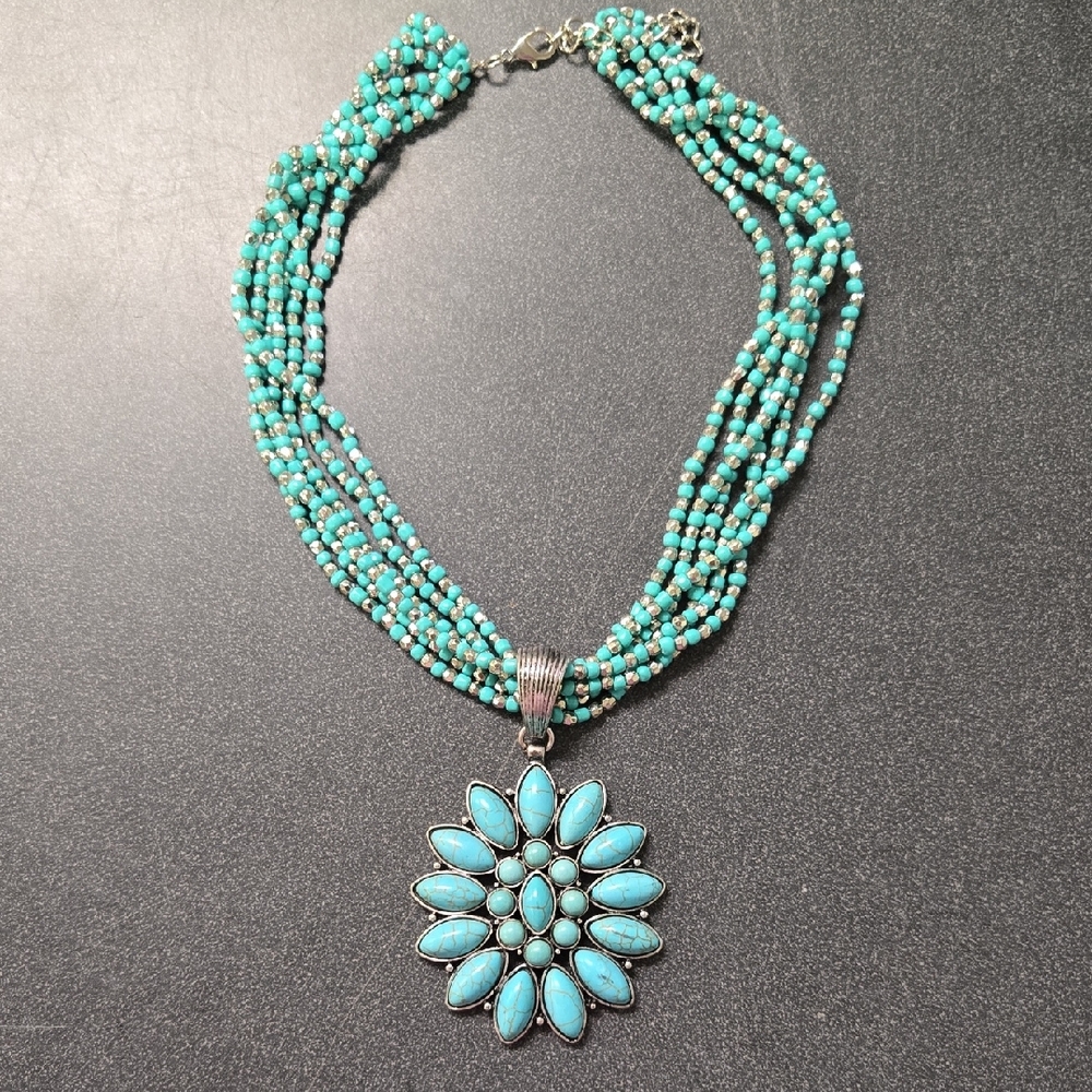 Turquoise Multi-Strand Necklace with Silver Floral Pendant